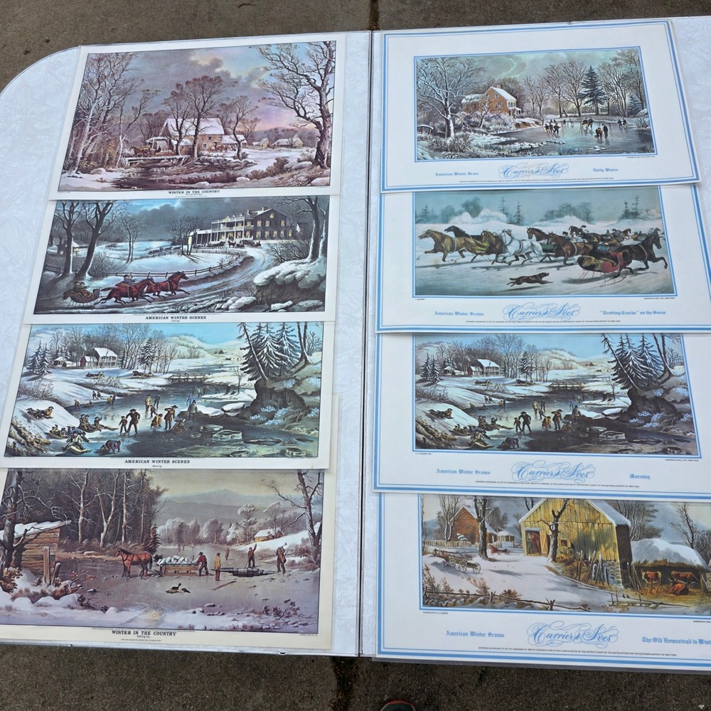 Vintage Currier & Ives Placemats Set of 8 Multicolor American‎ Winter Scenes